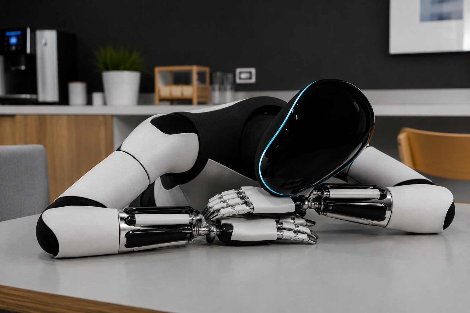 A humanoid robot resting its head on a table, blue light glowing at the rim of its helmet